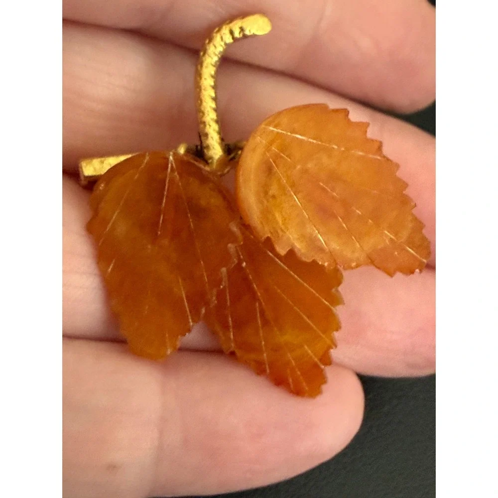 Vintage Amber Brooch Leaf Gold Tone Fall